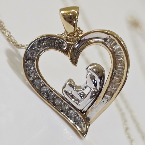 10k Mother and Child White and Yellow Gold Diamond Pendant on 10k Chain Necklace - Picture 10 of 16